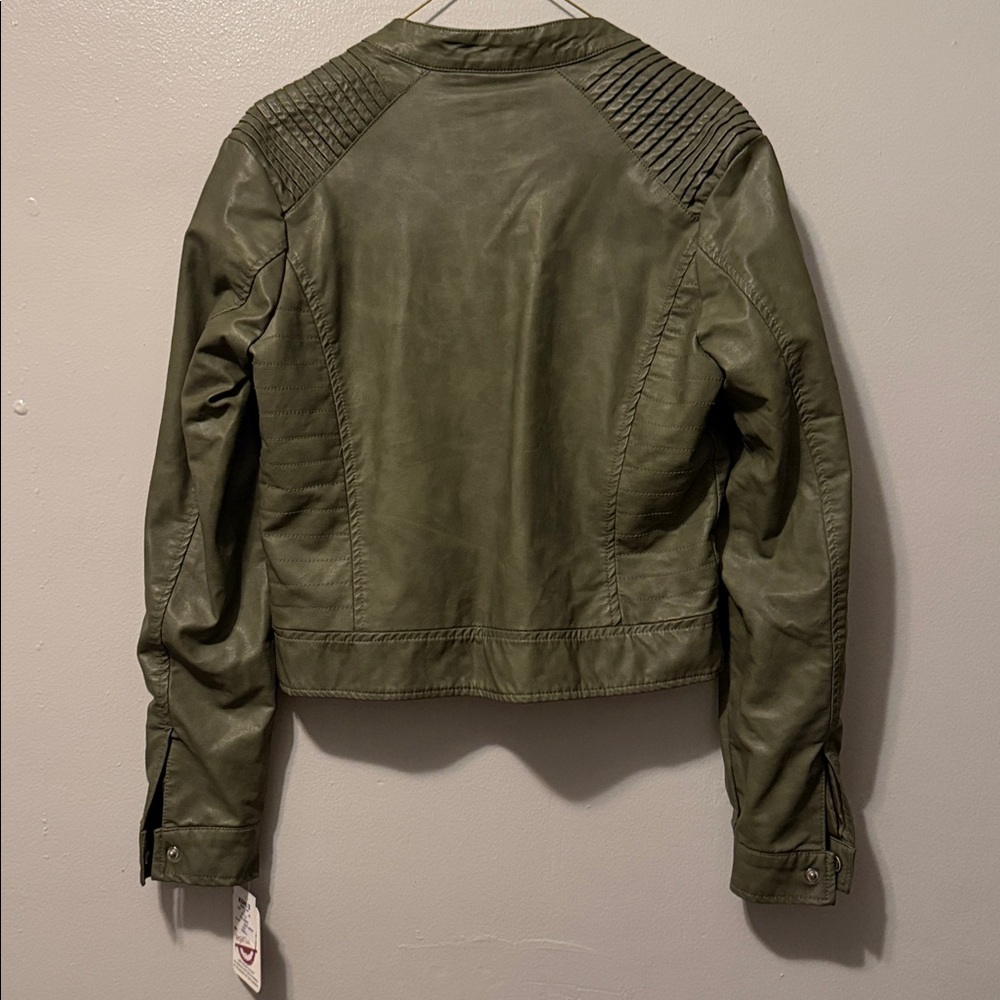 J2 Faux Leather Moto Jacket Womens XS Green Zipper Pockets Retro Biker Vegan NEW - Picture 6 of 7
